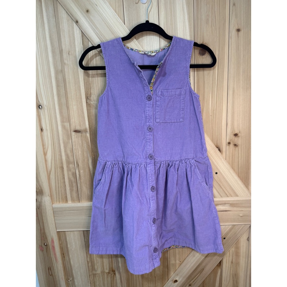 Boden Kids Purple Corduroy Button Pinafore Dress Floral Trim- Size 11-12